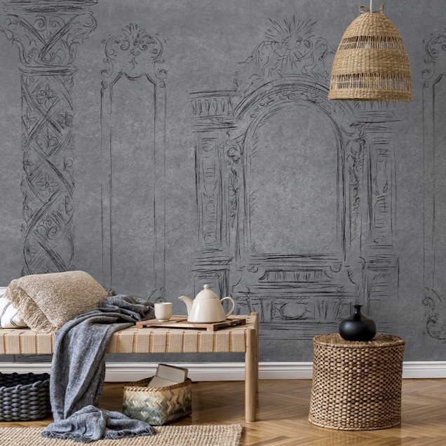Tapet Saint-Michel Light cu design minimalist, cu linii fine și detalii arhitecturale