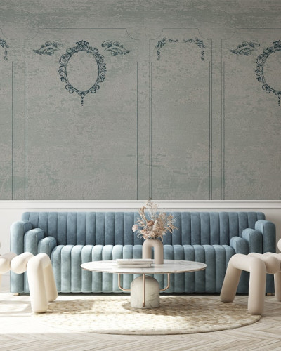 Tapet Cherubin Stucco cu design elegant și sofisticat, cu model subtil de stucco și accente delicate de aur, pentru un efect de adâncime și textură.