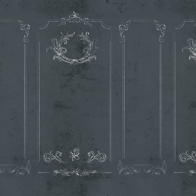 Tapet Brindille Stucco Dark, cu un design modern și elegant, pe un fond întunecat cu imprimeu alb.