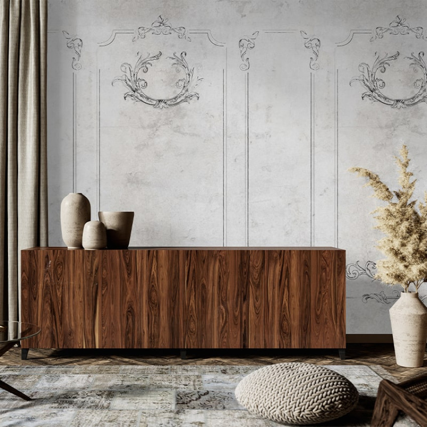 Tapet Brindille Stucco Dark, cu un design modern și elegant, pe un fond întunecat cu imprimeu alb.
