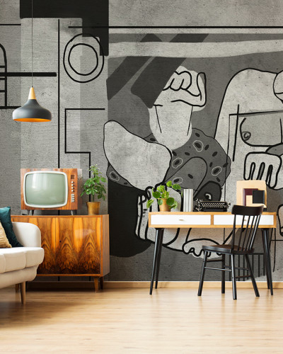 Tapet gri abstract cu design geometric și figuri umane stiliate, aplicat pe un perete din interiorul unei case moderne. Tapetul este amplasat pe un perete cu o canapea, un birou și alte accesorii de decor.