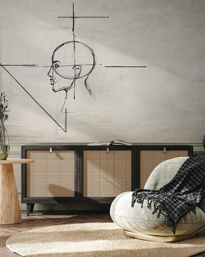Tapet minimalist cu design abstract, ce prezintă un desen al unui cap cu linii subtile.