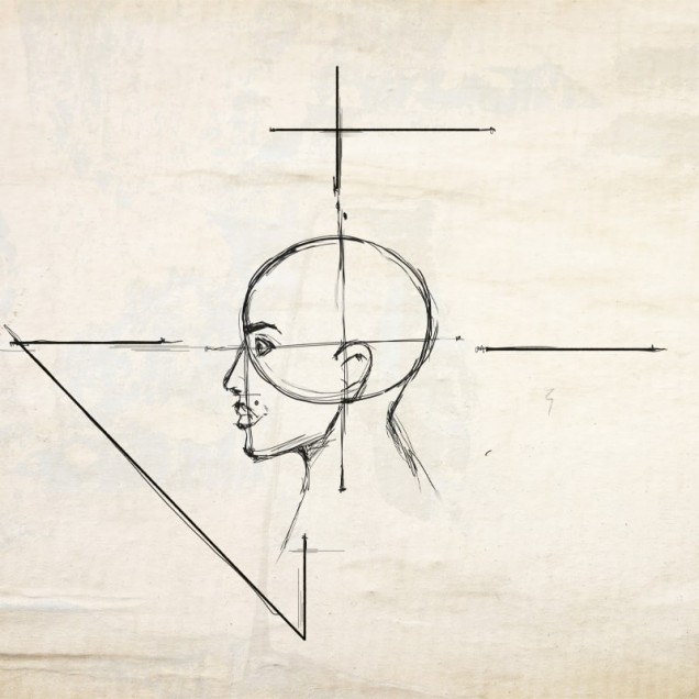 Tapet minimalist cu design abstract, ce prezintă un desen al unui cap cu linii subtile.