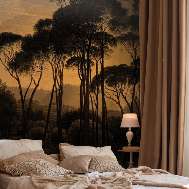 Fototapet cu pini umbrelă la asfințit într-un decor interior elegant
