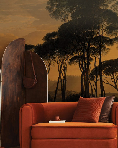 Fototapet cu pini umbrelă la asfințit într-un decor interior elegant