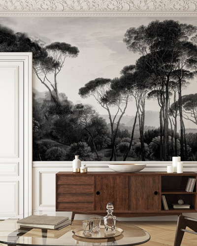 Tapet Taormina Pines - Design elegant și modern cu copaci înalți și silueta liniștită, perfect pentru living, dormitor, birou sau holuri.