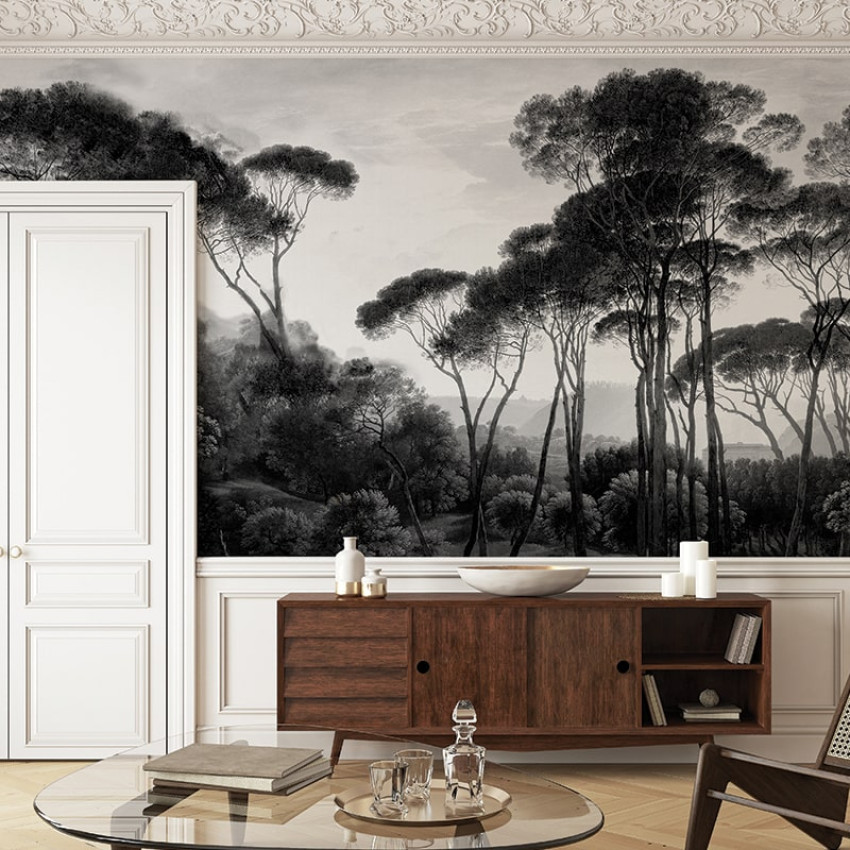 Tapet Taormina Pines - Design elegant și modern cu copaci înalți și silueta liniștită, perfect pentru living, dormitor, birou sau holuri.