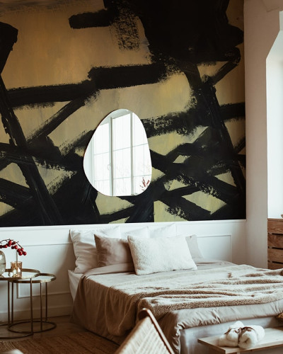 Tapet abstract cu linii negre pe un fundal galben deschis
