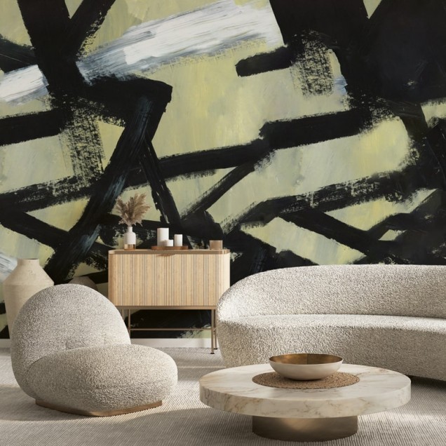 Tapet abstract cu linii negre pe un fundal galben deschis