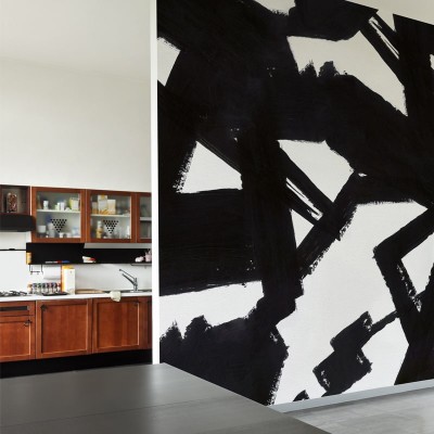 Tapet abstract cu forme geometrice negre pe fond alb