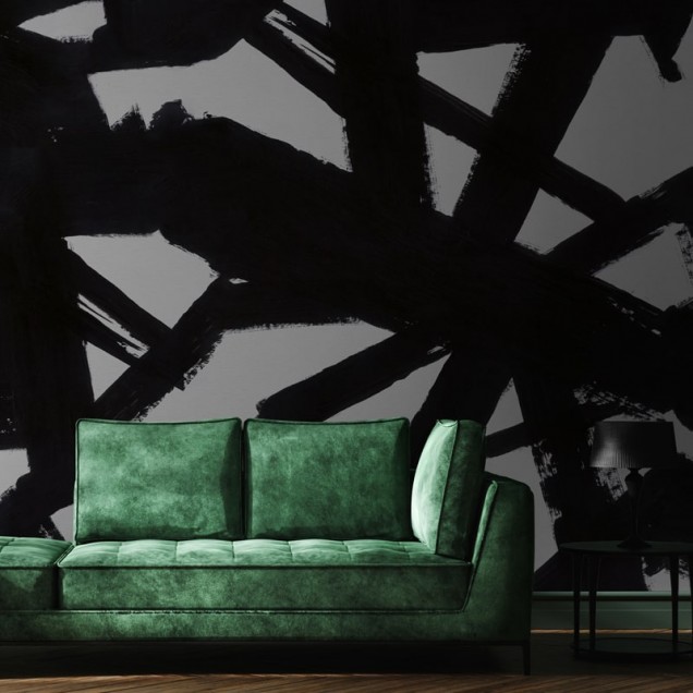 Tapet abstract cu forme geometrice negre pe fond alb