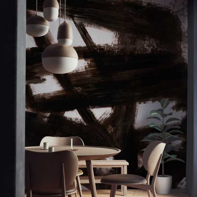 Tapet cu design abstract minimalist, Dreamscape Night Light, în nuanțe de gri și negru, decorând un living cu canapea, perne și o scară din lemn.