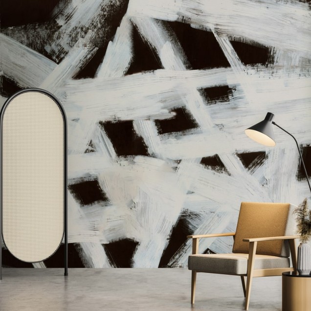 Tapet abstract cu linii albe si negre pe un fundal deschis la culoare, perfect pentru un design interior modern.