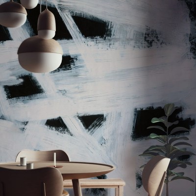 Tapet abstract cu linii albe si negre pe un fundal deschis la culoare, perfect pentru un design interior modern.