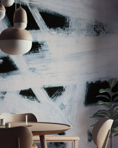 Tapet abstract cu linii albe si negre pe un fundal deschis la culoare, perfect pentru un design interior modern.