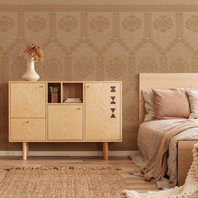 Tapet Borangic (lut) cu design geometric, decorat pe un perete din dormitor.