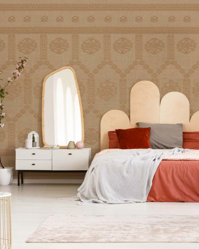 Tapet Borangic (lut) cu design geometric, decorat pe un perete din dormitor.