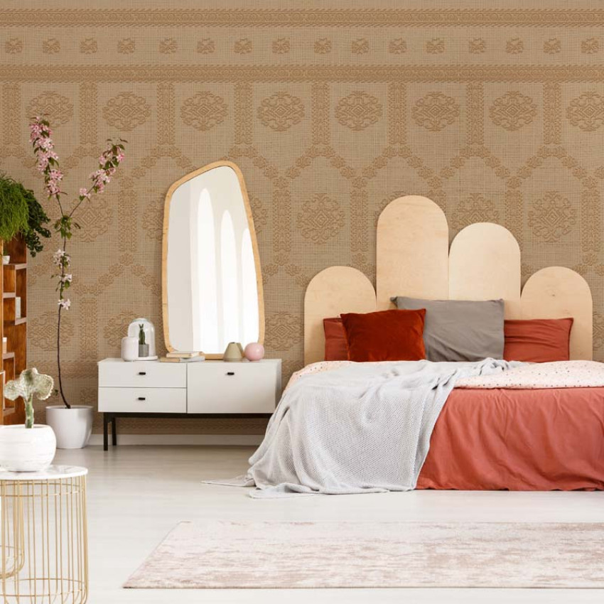 Tapet Borangic (lut) cu design geometric, decorat pe un perete din dormitor.