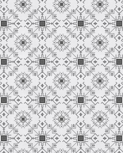 Tapet Rază de Soare (alb-negru) cu un design geometric abstract, inspirat de motive tradiționale. Tapetul este prezentat pe un perete în decorul unei încăperi.