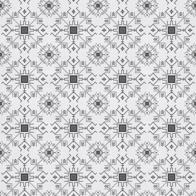 Tapet Rază de Soare (alb-negru) cu un design geometric abstract, inspirat de motive tradiționale. Tapetul este prezentat pe un perete în decorul unei încăperi.