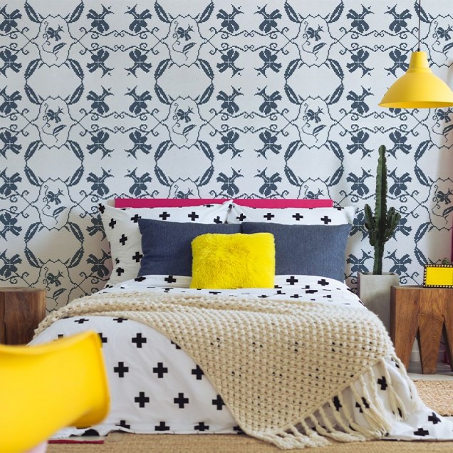 Tapet cu flori, design geometric, fundal alb