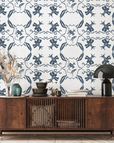 Tapet cu flori, design geometric, fundal alb