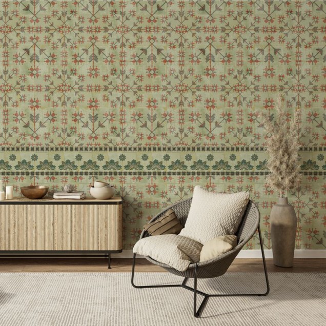 Tapet cu design geometric complex și accente de culoare roșie și gri, perfect pentru a decora orice cameră.