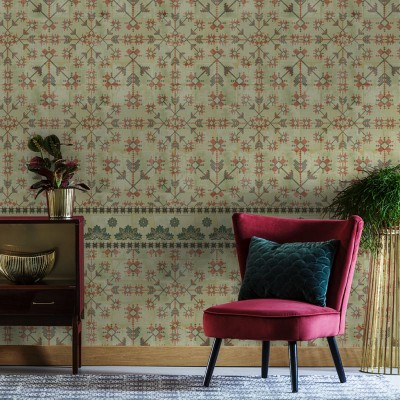 Tapet cu design geometric complex și accente de culoare roșie și gri, perfect pentru a decora orice cameră.