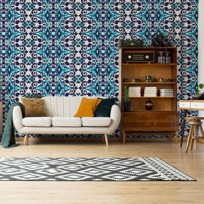Tapet Carpetă (albastră) cu design geometric elegant, în culori albastre și albe, decorând un living modern