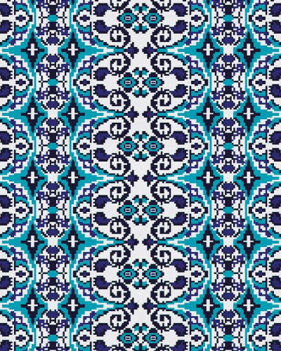 Tapet Carpetă (albastră) cu design geometric elegant, în culori albastre și albe, decorând un living modern