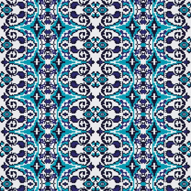 Tapet Carpetă (albastră) cu design geometric elegant, în culori albastre și albe, decorând un living modern