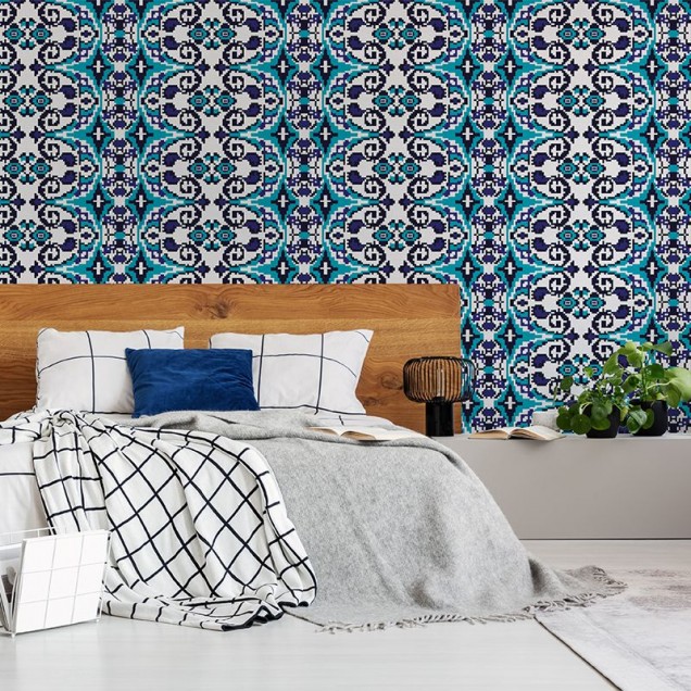 Tapet Carpetă (albastră) cu design geometric elegant, în culori albastre și albe, decorând un living modern