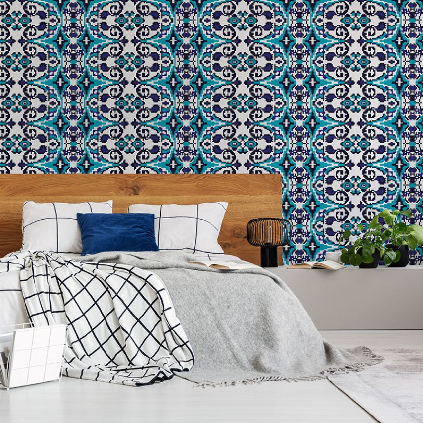 Carpetă verde închis cu design geometric în dormitor