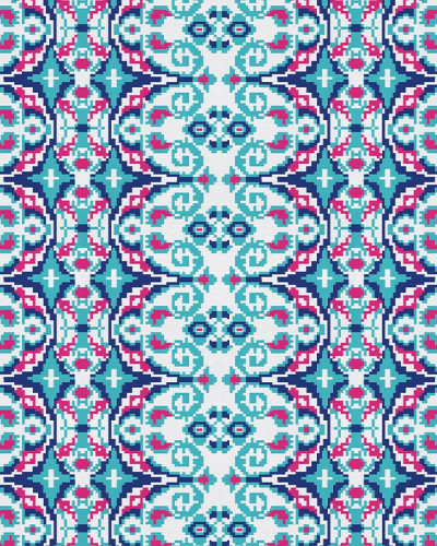 Tapet modern cu design geometric Carpetă (bleu) cu un fundal alb și motive în albastru, roz și negru.