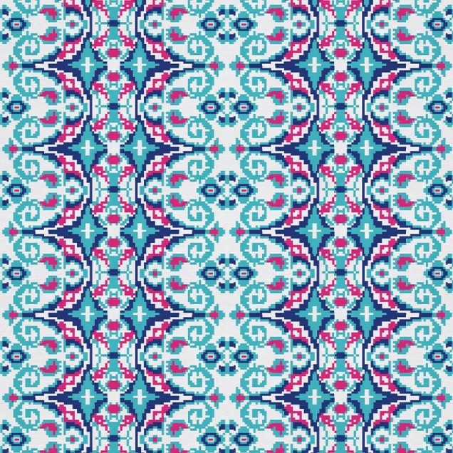 Tapet modern cu design geometric Carpetă (bleu) cu un fundal alb și motive în albastru, roz și negru.