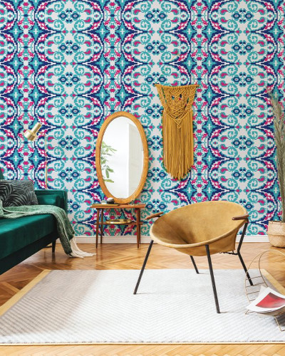 Tapet modern cu design geometric Carpetă (bleu) cu un fundal alb și motive în albastru, roz și negru.