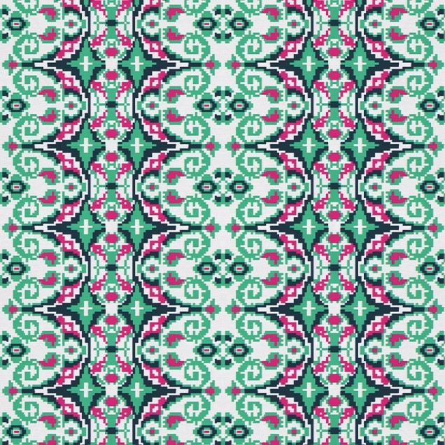 Tapet cu model geometric, inspirat de covoare tradiționale, în culori vii și forme geometrice.