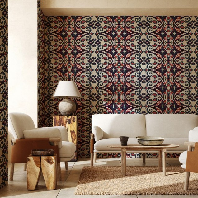 Tapet Carpetă vișiniu, design geometric complex, culori vibrante