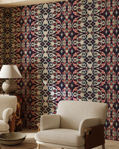 Tapet Carpetă vișiniu, design geometric complex, culori vibrante