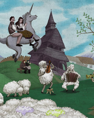 Tapet cu un unicorn, o bisericuță și oi muziciene. Design unic pentru o atmosferă caldă și primitoare.