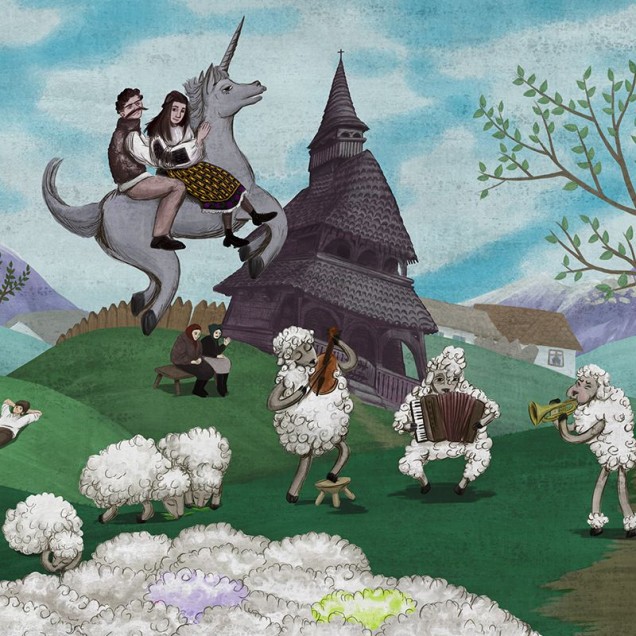 Tapet cu un unicorn, o bisericuță și oi muziciene. Design unic pentru o atmosferă caldă și primitoare.