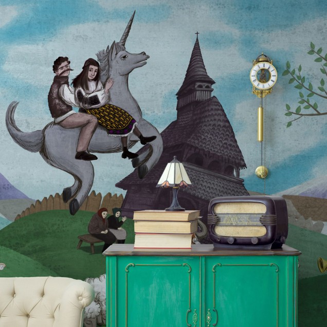 Tapet cu un unicorn, o bisericuță și oi muziciene. Design unic pentru o atmosferă caldă și primitoare.