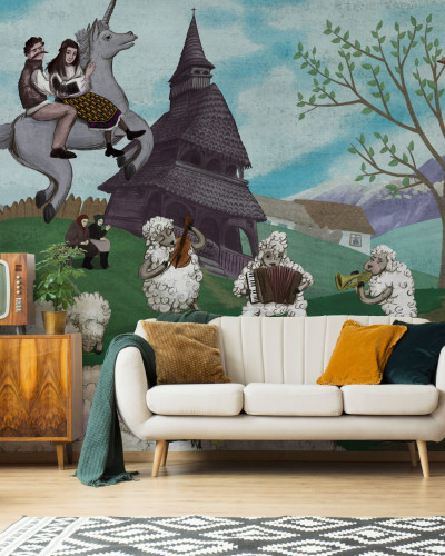 Tapet cu un unicorn, o bisericuță și oi muziciene. Design unic pentru o atmosferă caldă și primitoare.