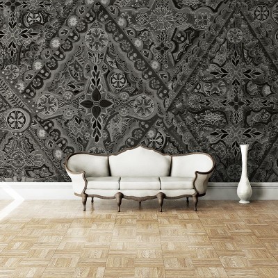 Tapet Răspântie (ciment) cu un design geometric complex, cu motive florale și ciment, perfect pentru a transforma orice cameră într-un spațiu modern și elegant.