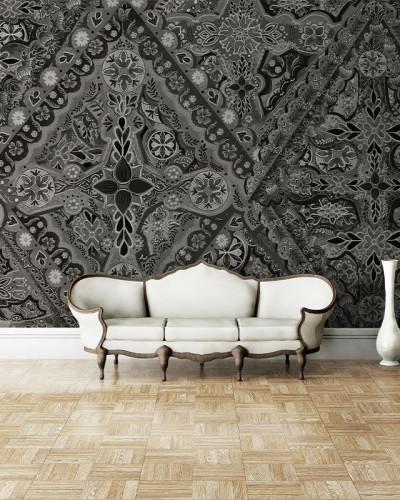 Tapet Răspântie (ciment) cu un design geometric complex, cu motive florale și ciment, perfect pentru a transforma orice cameră într-un spațiu modern și elegant.