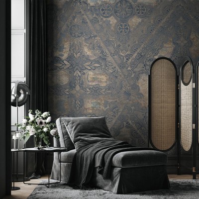 Tapet cu aspect antichizat, design floral complex, nuanțe de albastru și ruginiu