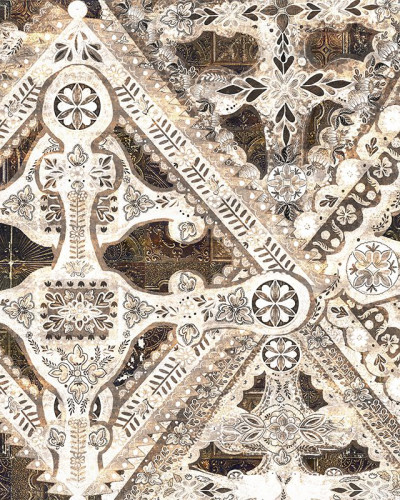 Tapet Ceramica cu modele geometrice și florale, în nuanțe calde de maro, bej și gri.