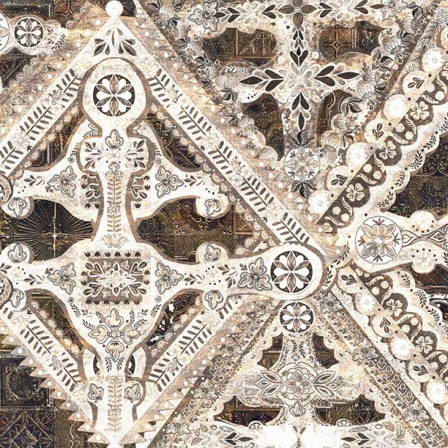 Tapet Ceramica cu modele geometrice și florale, în nuanțe calde de maro, bej și gri.