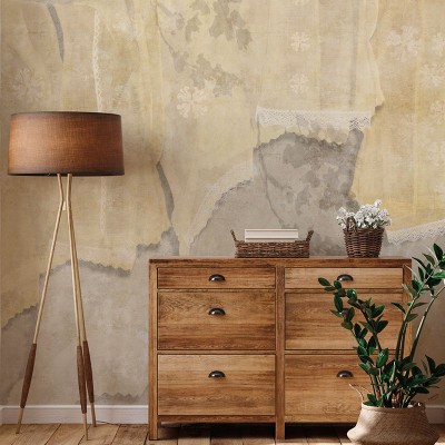 Tapet cu design modern, Marame (zi), cu nuante de bej si gri, cu o textura delicata, cu dantela alba si accente florale