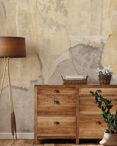 Tapet cu design modern, Marame (zi), cu nuante de bej si gri, cu o textura delicata, cu dantela alba si accente florale